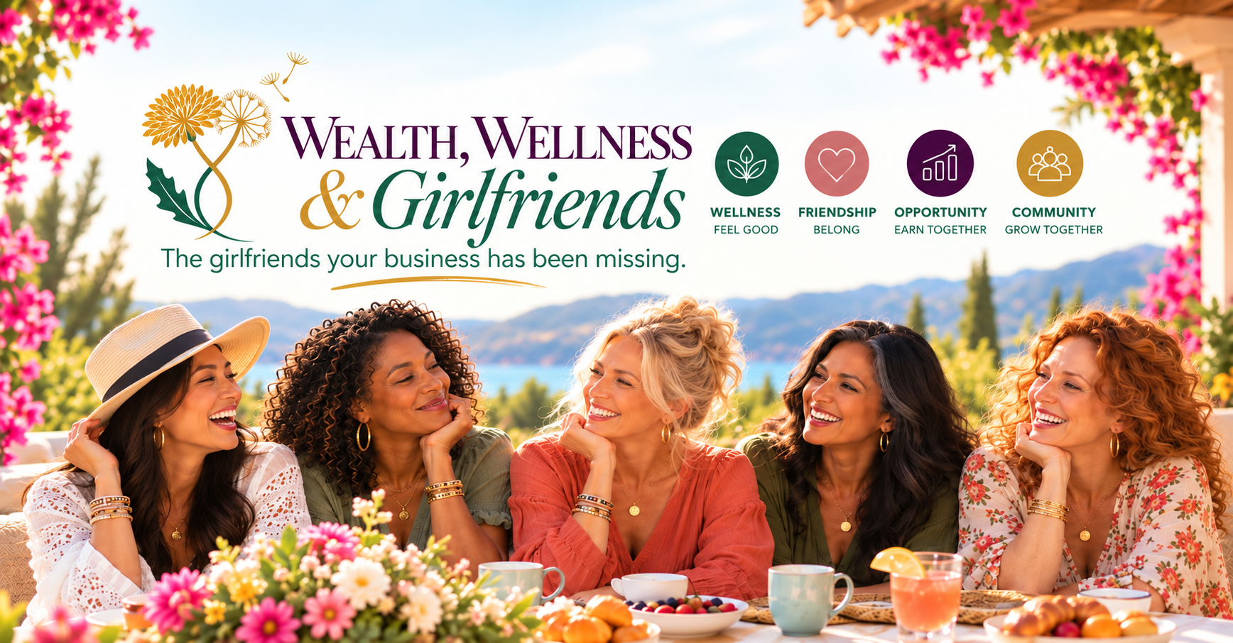 Five diverse women laughing together over brunch surrounded by flowers